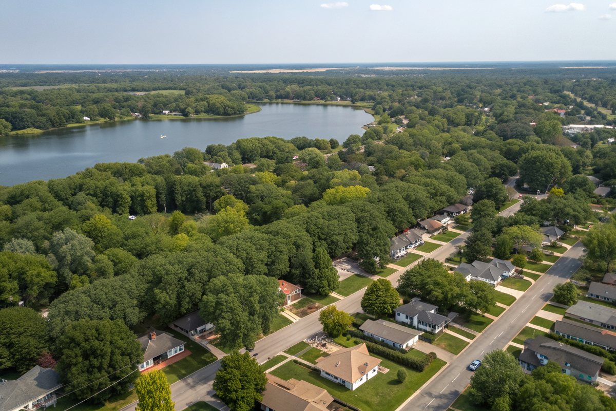 Aerial view of a tree-filled residential grid around a round city lake