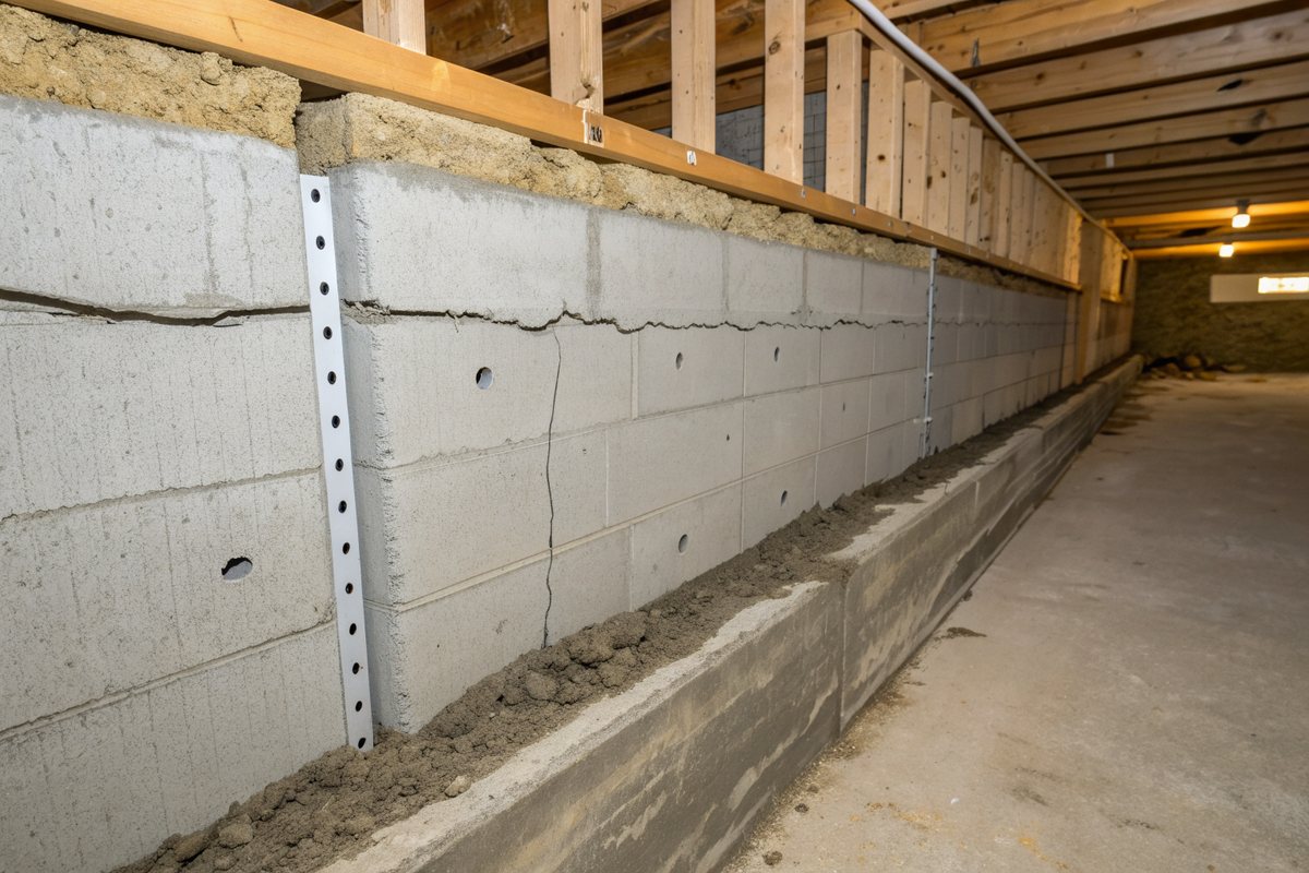 Cracks running along a concrete block foundation wall below the sill plate in an unfinished basement