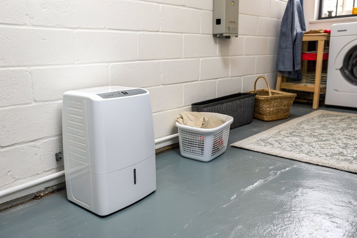 A white dehumidifier on a painted basement floor near a laundry area