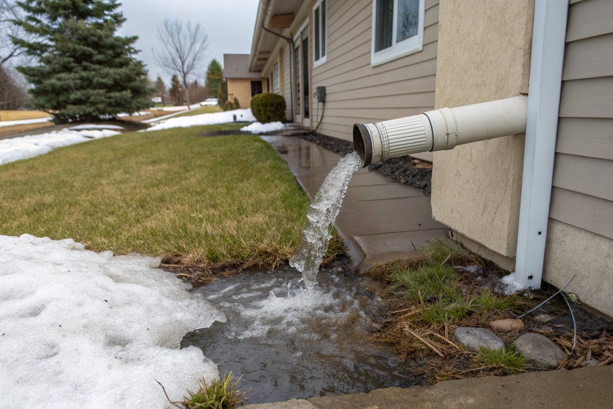 A downspout extension carrying snowmelt away from a stucco house across a lawn with melting snowbanks