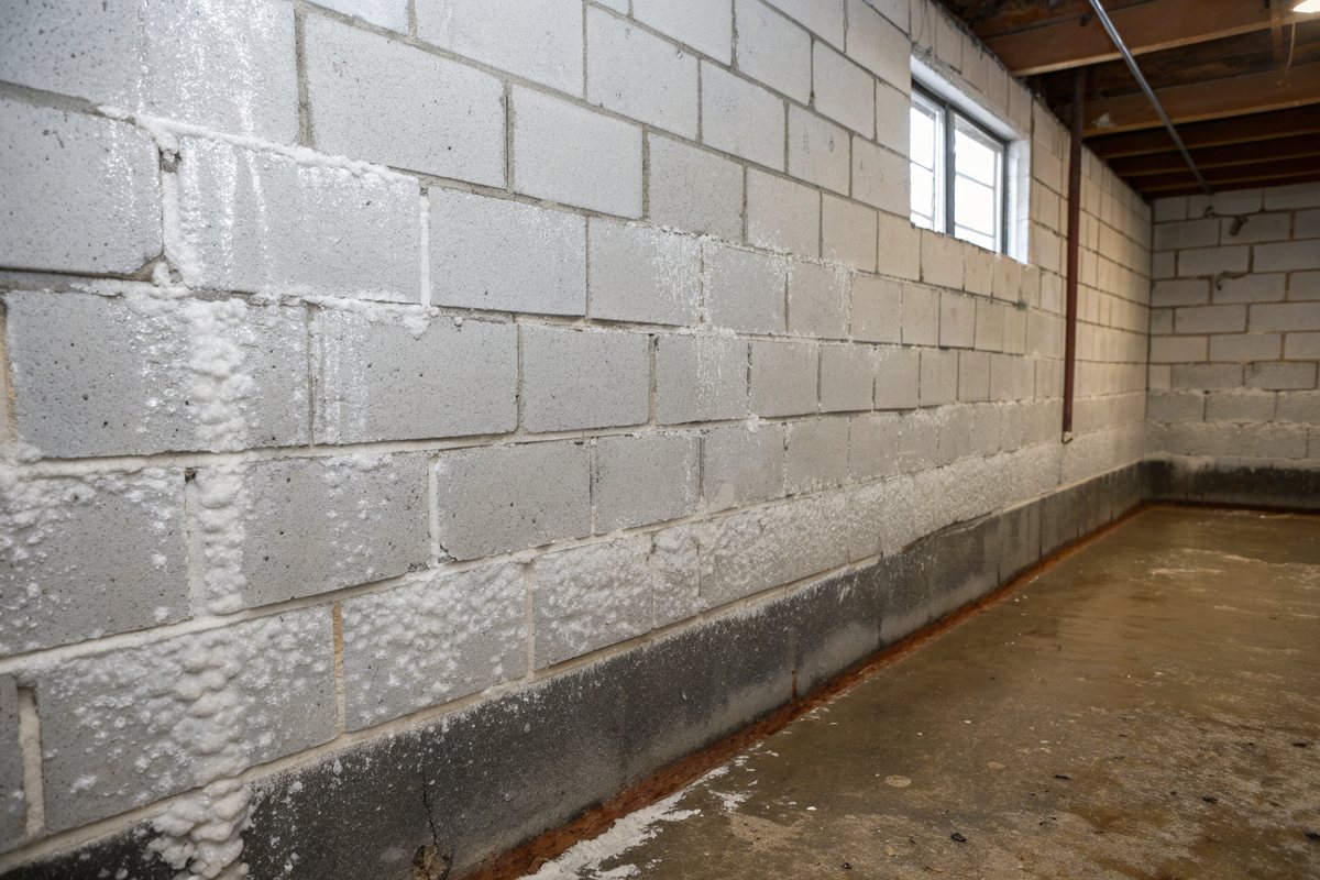 White powdery efflorescence and a dark damp band along the lower courses of a block basement wall