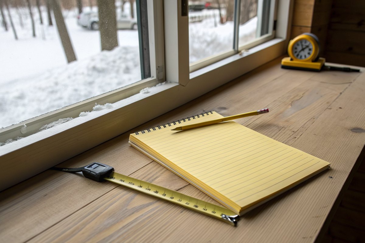 A blank notepad, a pencil and a tape measure on a kitchen table beside a snowy window