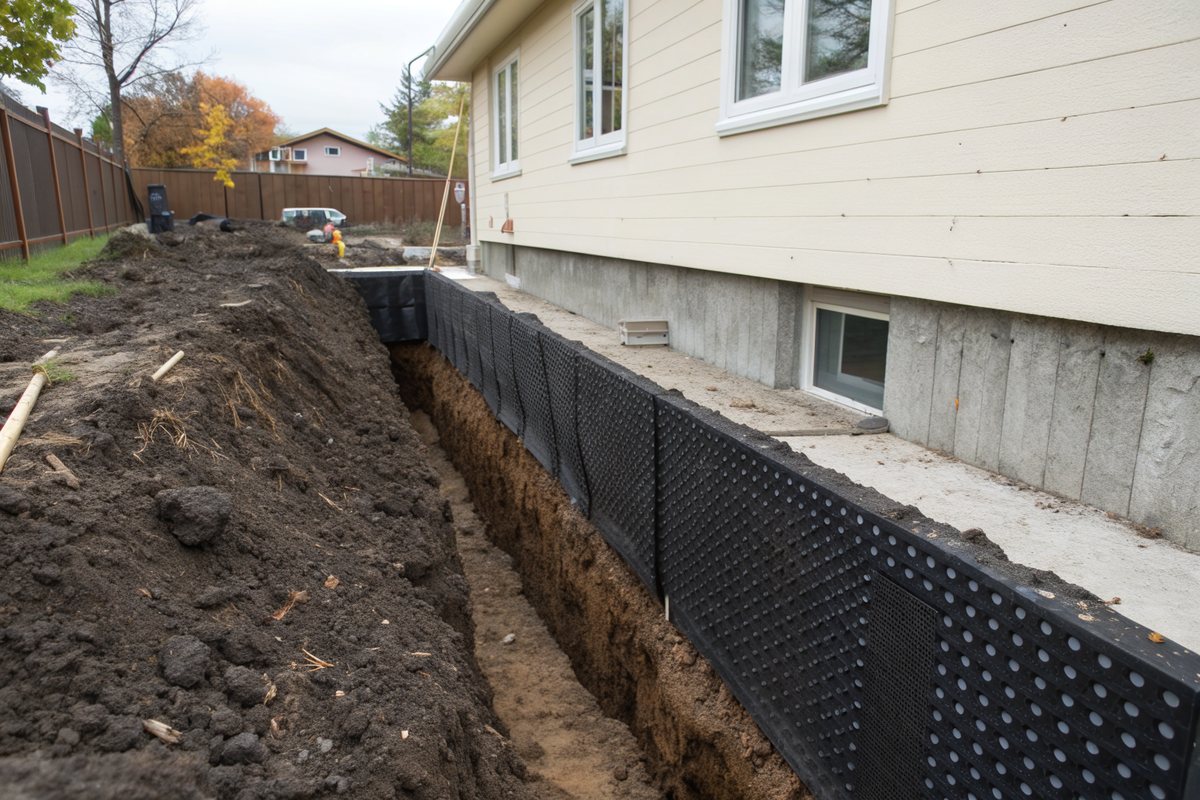 An open trench along a block foundation covered in black waterproofing and dimpled drainage board