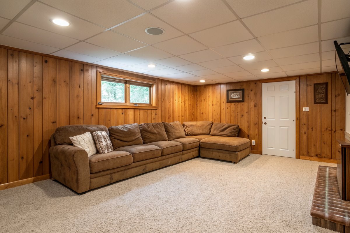 A warm finished basement rec room with carpet, a sectional sofa and wood paneling