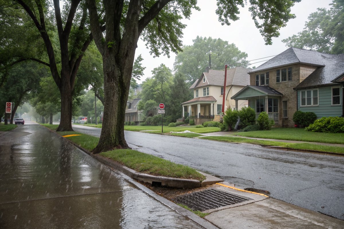 A summer downpour running along the curb of a street of older houses under big shade trees