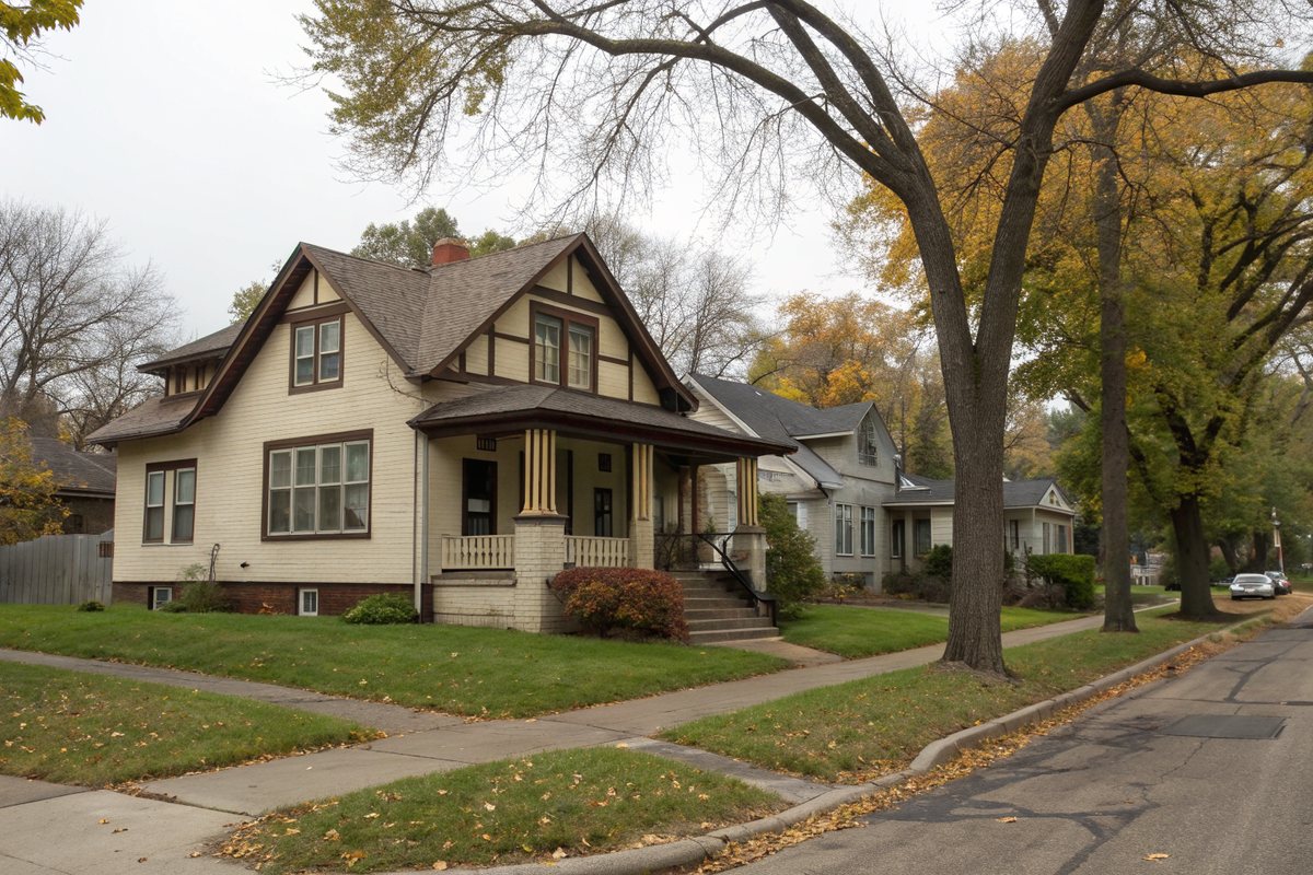 A 1920s stucco and wood bungalow with a front porch and low basement windows on a tree-lined street