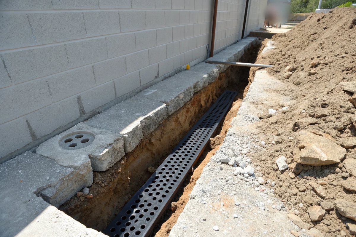A trench opened along a block basement wall with a black perforated drain channel and broken slab edges