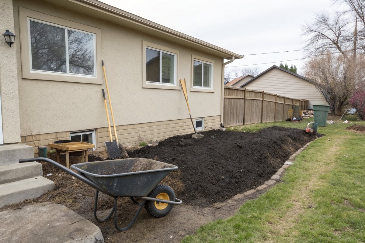 Black dirt freshly graded away from the foundation of a stucco house, with a rake and wheelbarrow