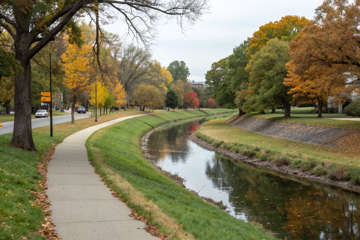 A paved path along a winding urban creek under autumn trees