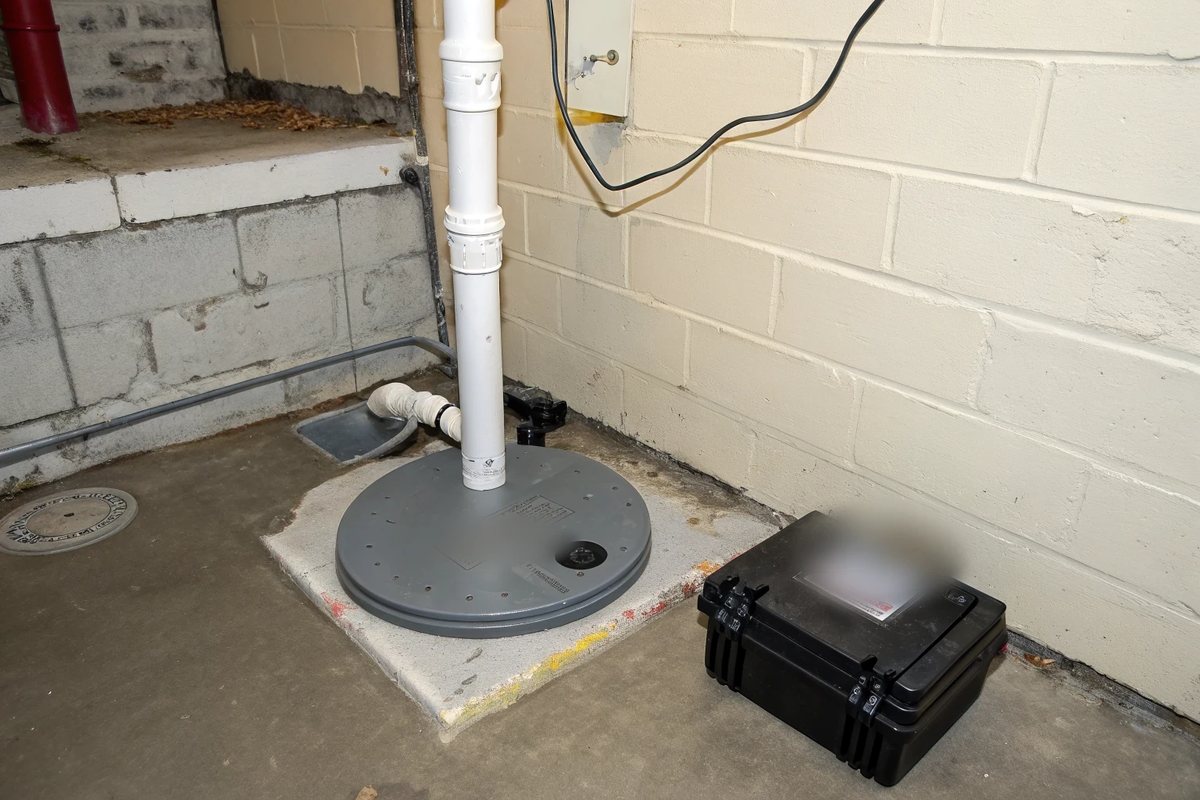 A sealed gray sump lid with a white discharge pipe and a black backup battery case in a basement corner
