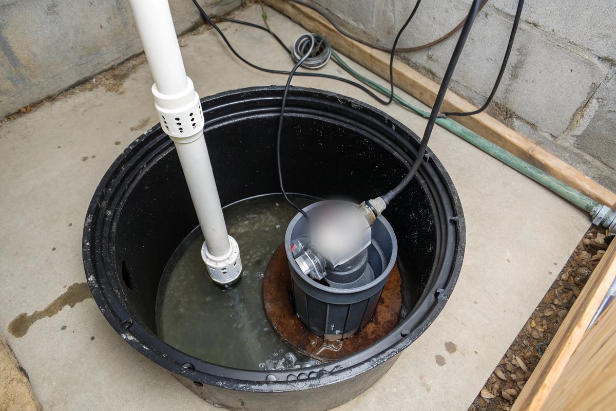 A submersible sump pump in a black basin with a white discharge pipe rising out
