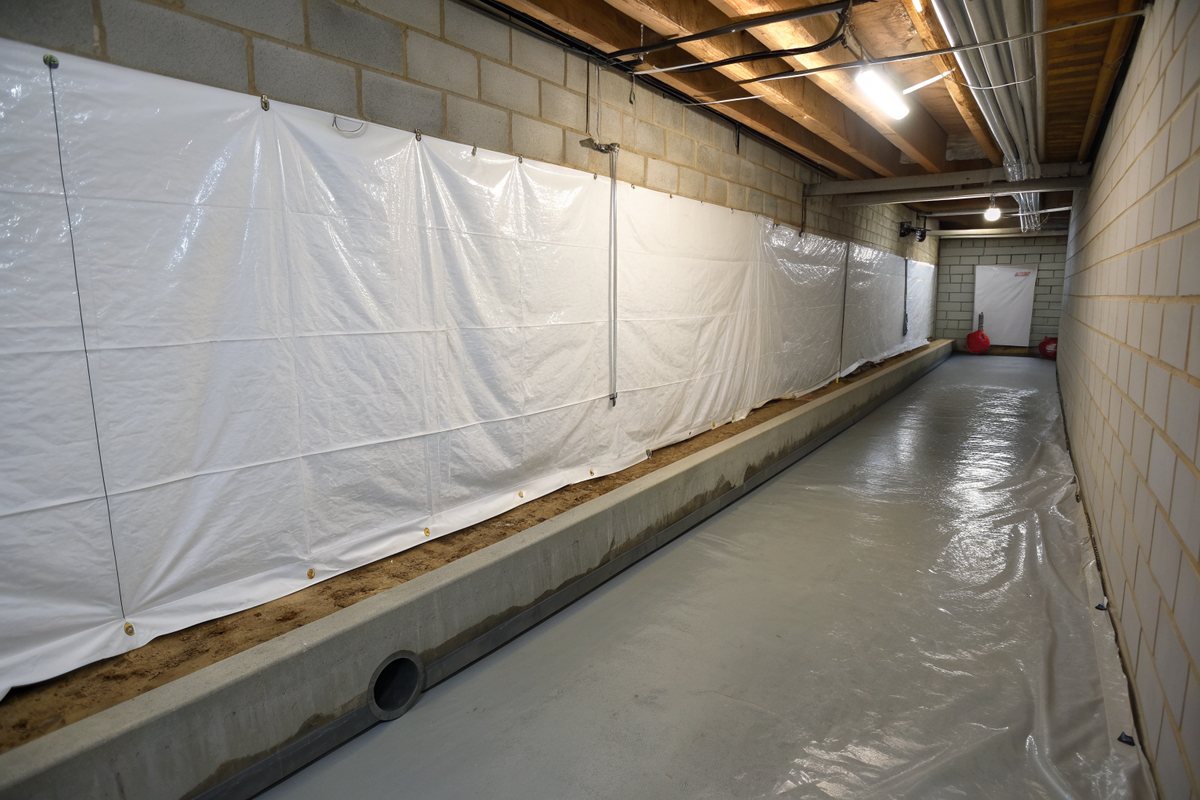 White plastic sheeting fastened along a block basement wall above a floor drain channel