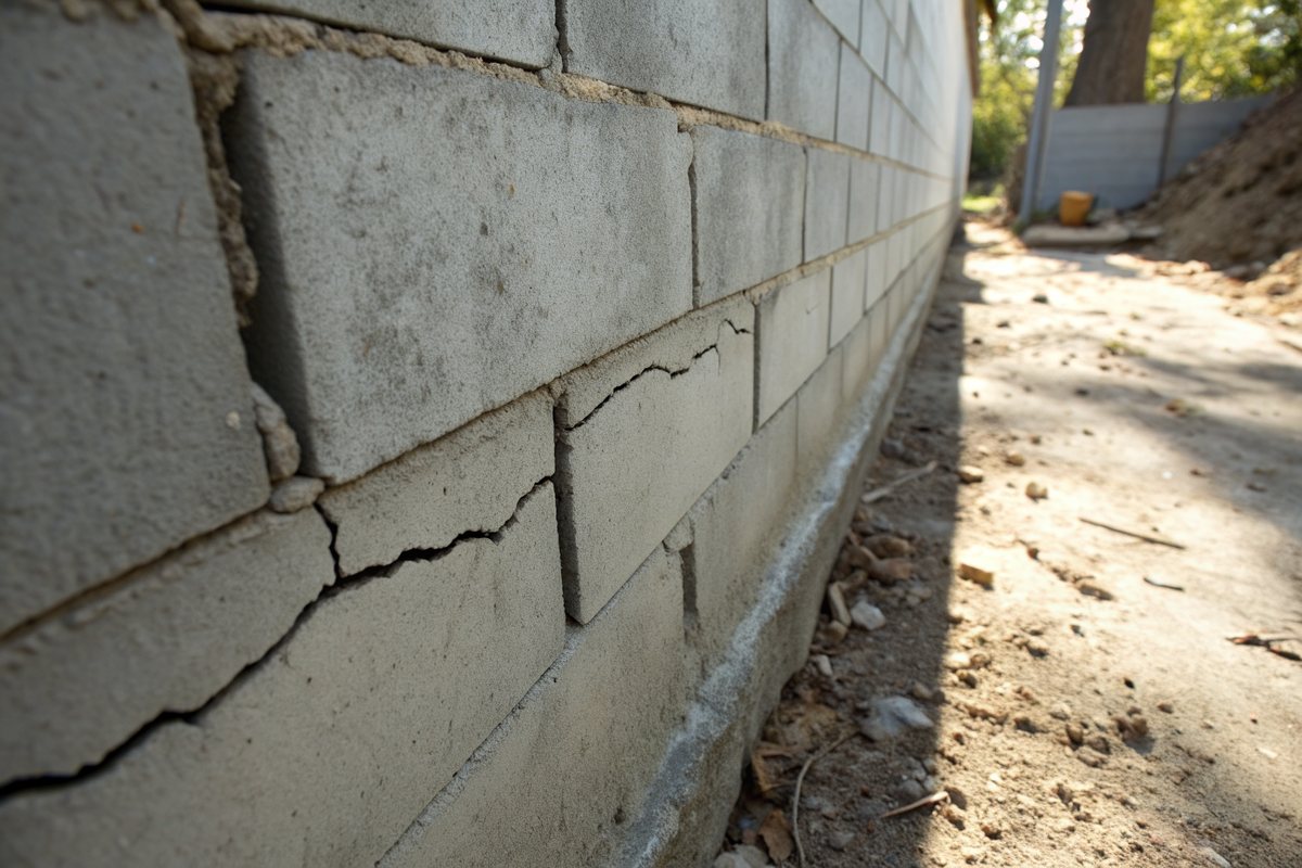 A horizontal crack along a mortar joint in a concrete block basement wall