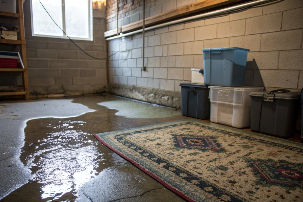 Meltwater spreading across an unfinished basement floor from the base of a block wall, with a damp rug and bins