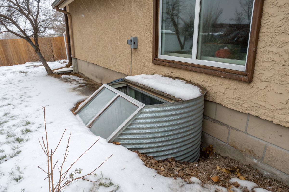 A corrugated metal window well half full of snow beside a stucco house wall